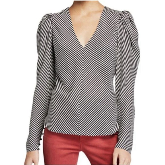 Maison D'Amelie Paris SZ‎ Small Striped V-neck Puffy LS Blouse Career Office - Picture 1 of 11